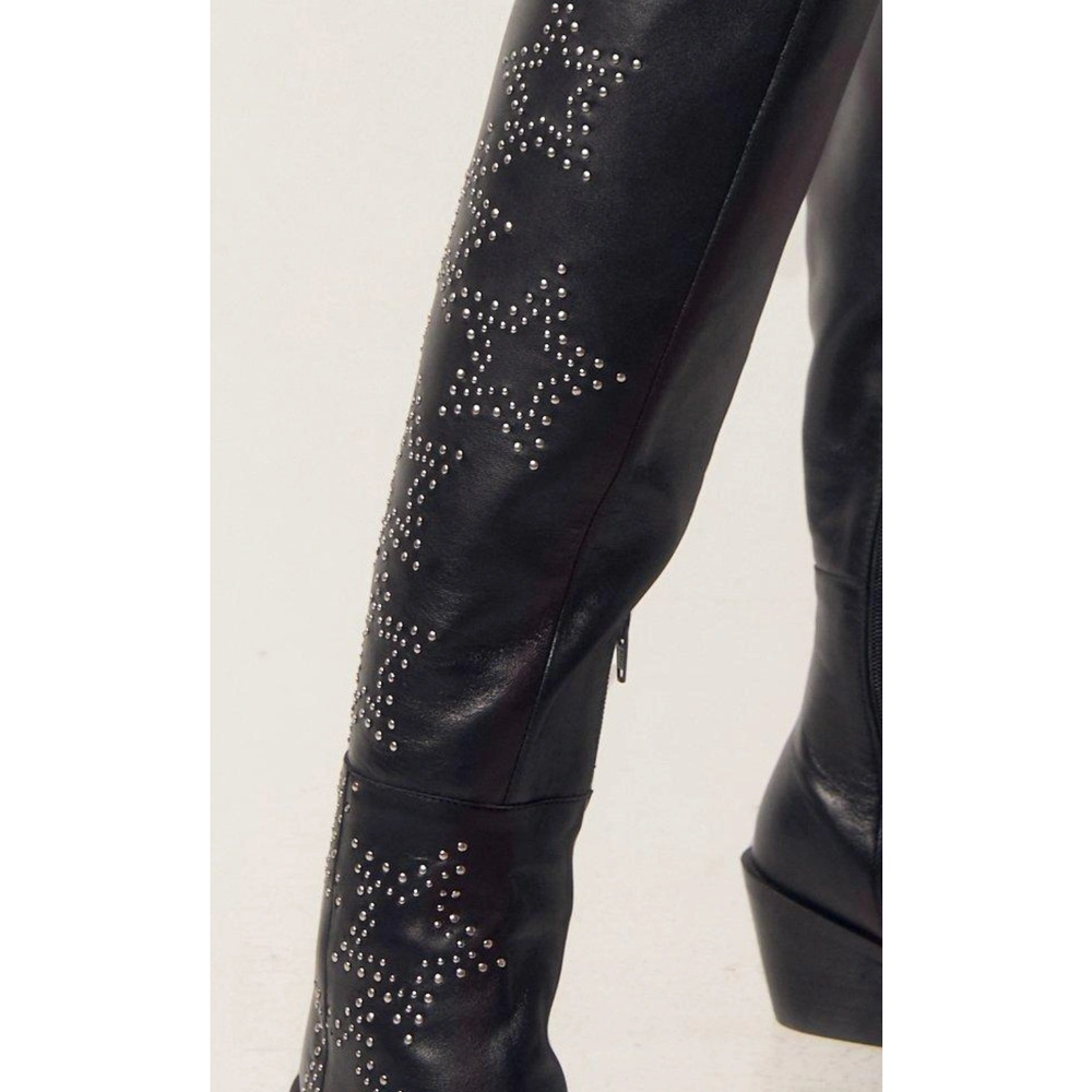 NEW NASTY GAL BLACK LEATHER STAR STUDDED OVER THE KNEE COWBOY BOOTS SZ 38 US 7 - Picture 5 of 8